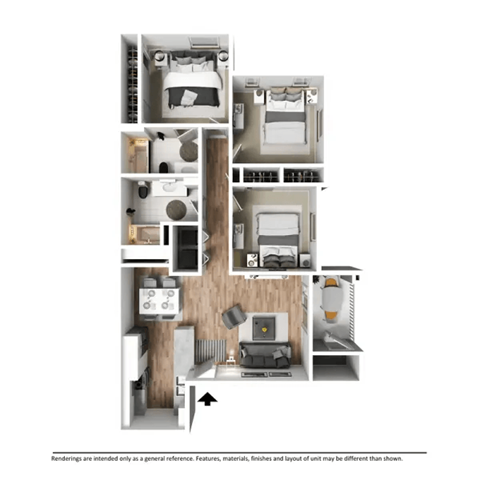 Floor plan for 3 beds, 2 baths, 1432 sqft